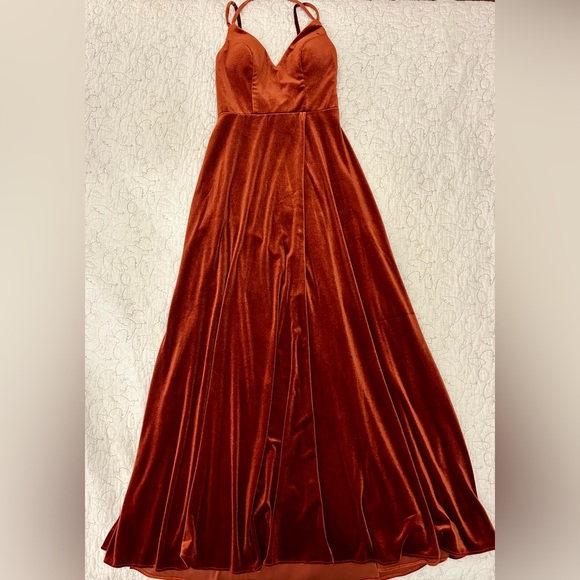 Azazie Sora Terracotta A-Line Halter Bow Velvet Bridesmaid Dress - Picture 7 of 9